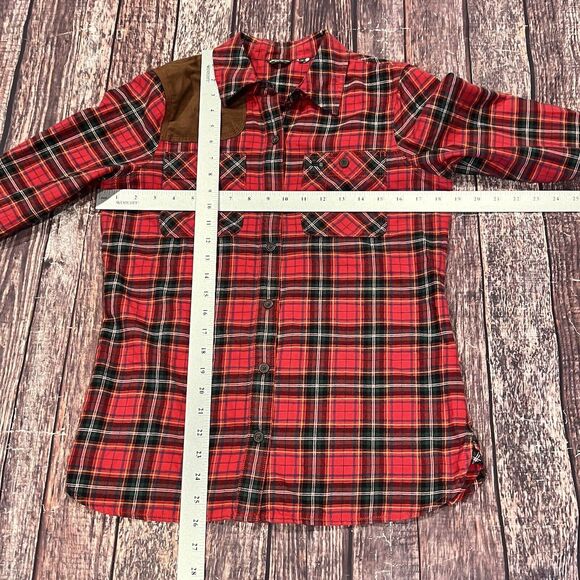 Eddie Bauer Button Up Shirt Red Plaid Flannel Faux Leather Shoulder Patch Medium - Picture 9 of 10